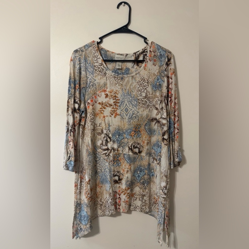 Chico's Zenergy Tunic Top Women’s Size Medium Boho Paisley 3/4 Sleeve Stretch